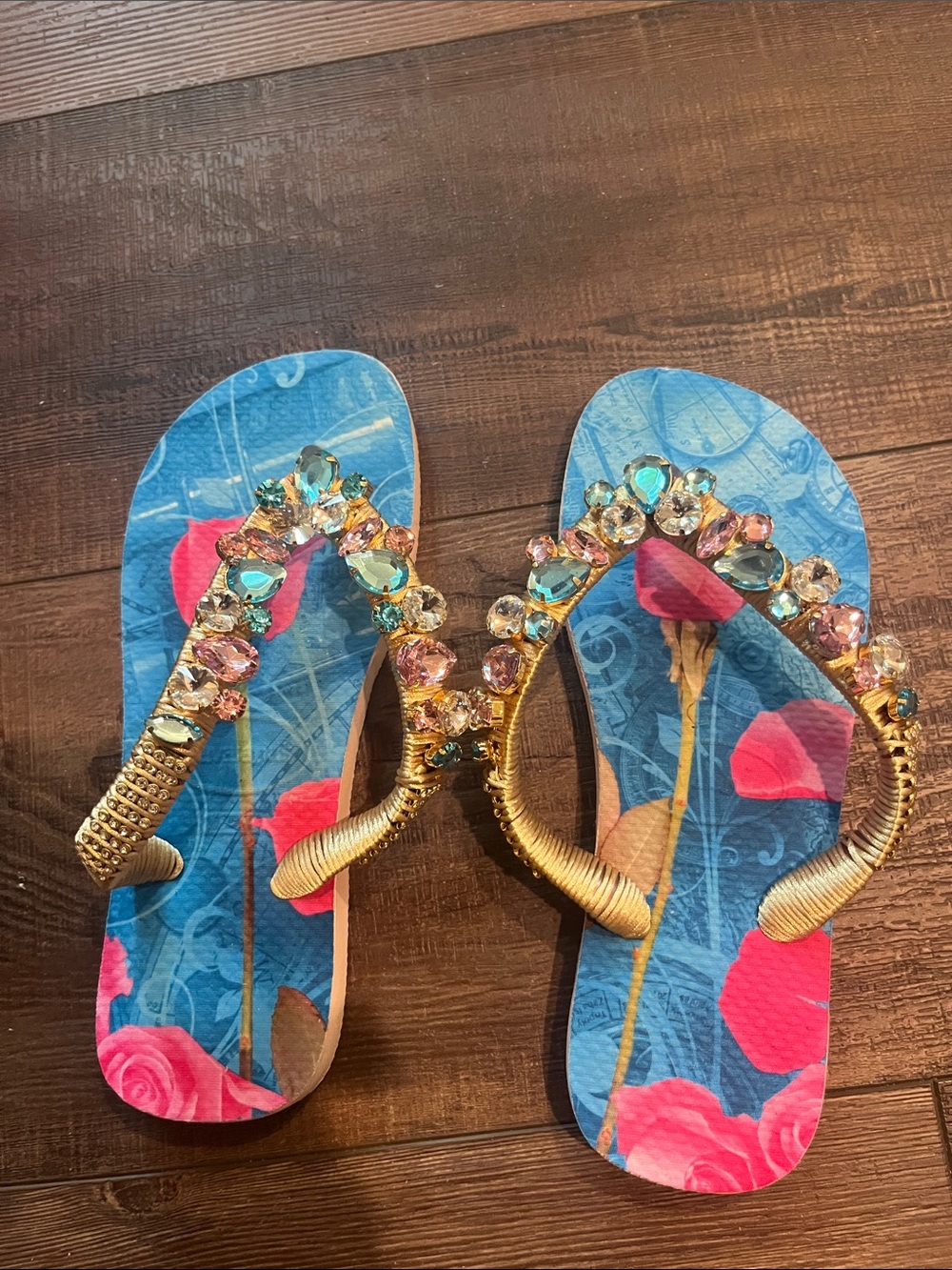 Blue Floral Gem-Embellished Sandal Flip Flops with Gold Straps